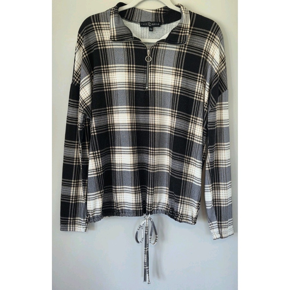 Fred David Womens Knit Plaid Shirt Soft Zipper Collar Drawstring Size Large